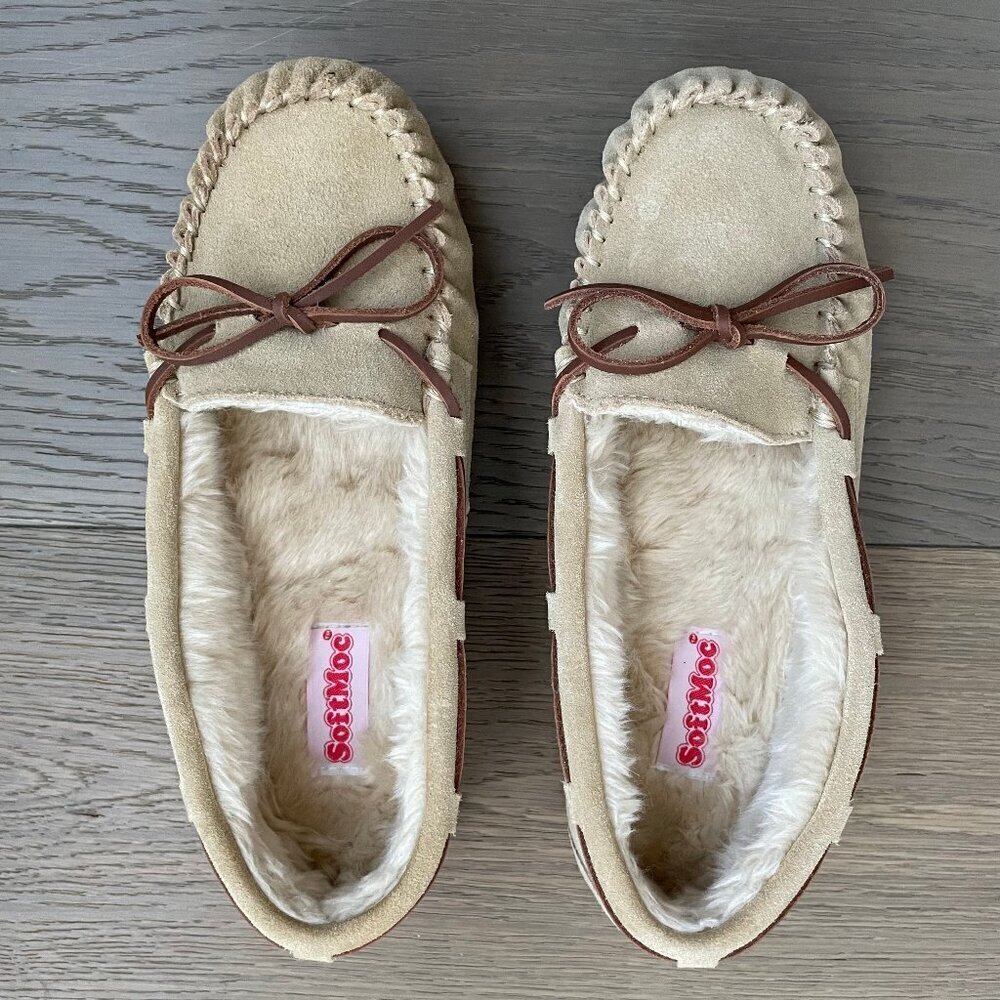 SoftMoc Bali Supreme Ballerina Suede Moccasin Fleece Lined Slippers Sand Sz 9